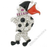 Vintage 18kt White Gold Diamond Black Onyx and Coral Clown Brooch Pin