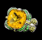 8.75 ctw Citrine, Tsavorite and Lemon Quartz Ring - 18KT White Gold