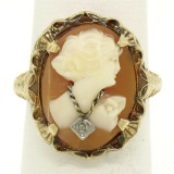 Antique Art Deco 10k Yellow Gold Filigree Shell Cameo Ring w/ Rose Cut Diamond