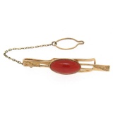 Men's  18k Rose Gold Cabochon Red Ox Blood Coral Tie Clasp w/ Button Loop