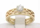 Estate 14k Solid Yellow Gold Solitaire Diamond Ring with Pierced Open Work Look