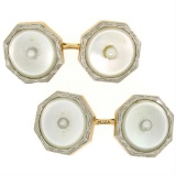 Men's Antique Art Deco Etched 14k Gold & Mother of Pearl Seed Octagon Cufflinks