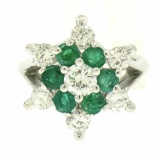 14k White Gold 2.25 ctw Round Emerald & Diamond Ladies Star Cluster Cocktail Rin