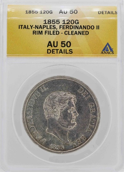 1855 Italy-Naples Ferdinando II 120 Grana Coin ANACS AU50 Details