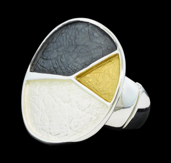Tri Color Hand Painted Medallion Ring - Rhodium Plated