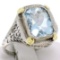 Art Deco 14k Two Tone Gold 2.50 ctw Cushion Blue Aquamarine Filigree Ring