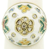 Antique 14K Yellow Gold Diamond White Blue Green Yellow Enamel Dome Floral Ring
