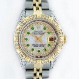 Rolex Ladies 2 Tone 14K MOP Emerald & Pyramid Diamond Diamond Datejust Wriswatch