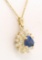 14k Solid Gold Pear Tear Drop ROYAL BLUE Sapphire w/ Double Diamond Halo Pendant