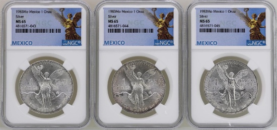 Lot of (3) 1983Mo Mexico Libertad Onza Silver Coins NGC MS65