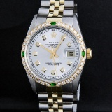 Rolex Mens 2 Tone 14K Silver & Emerald Diamond Datejust Wriswatch