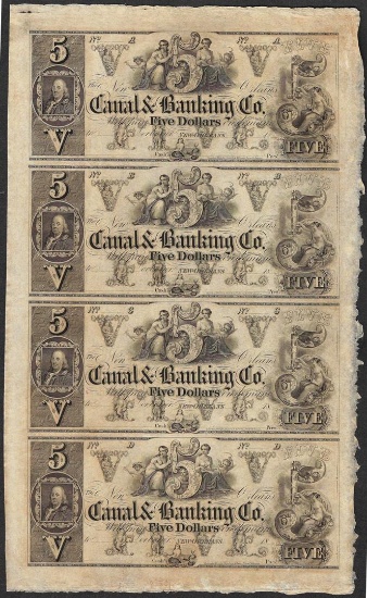 Uncut Sheet of 1800's $5 Canal & Banking Co. Obsolete Notes