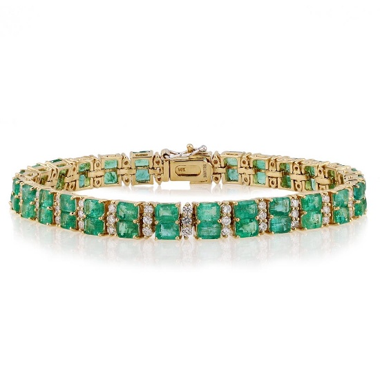 12.25 ctw Emerald and 2.20 ctw Diamond 14K Yellow Gold Bracelet