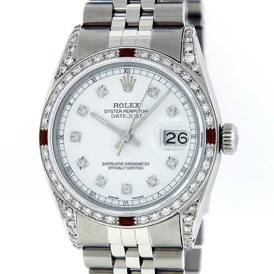 Rolex Mens Stainless Steel Diamond Lugs & Ruby Datejust Wristwatch