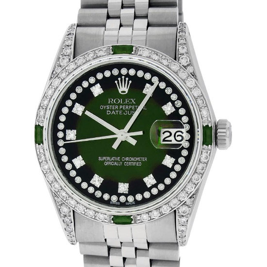 Rolex Mens Stainless Steel Diamond Lugs Green Vignette & Emerald Datejust Wristw