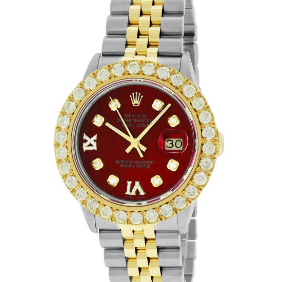 Rolex Mens 2 Tone Red VS 4 ctw Beadset Diamond Datejust Wristwatch with Rolex Bo