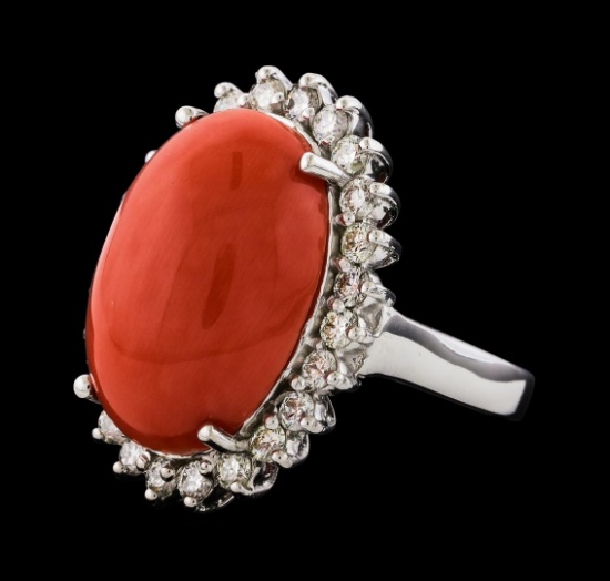 9.80 ctw Coral and Diamond Ring - 14KT White Gold