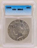 1928 $1 Peace Silver Dollar Coin ICG MS63