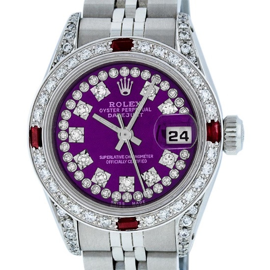 Rolex Ladies Stainless Steel 26MM Purple String Diamond Lugs Datejust Wristwatch
