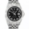 Rolex Mens Stainless Steel Black Diamond Lugs & Pyramid Bezel Datejust Wristwatc