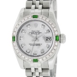 Rolex Ladies Stainless Steel Quickset Mother Of Pearl Diamond & Emerald Datejust