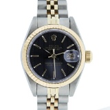 Rolex Ladies 2 Tone 14K Gold Black Tapestry Fluted Bezel Datejust Wristwatch