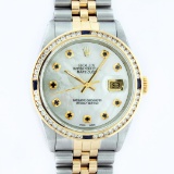 Rolex Mens 2 Tone 14K MOP Sapphire Diamond Channel Set Datejust Wristwatch