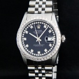 Rolex Mens Stainless Steel Black String Diamond 36MM Datejust Wristwatch