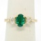 14k Solid Yellow Gold 1.03 ctw Three Stone Prong Set Oval Emerald & Diamonds Rin