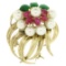 14K Yellow Gold 2.36 ctw Cabochon Ruby Jade 5mm Pearl Textured Flower Brooch Pin