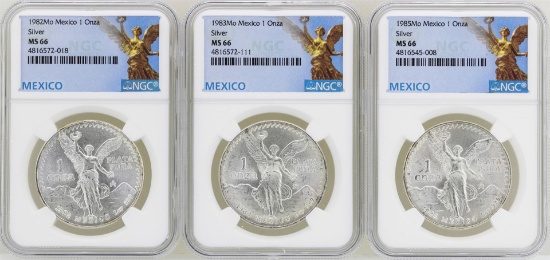 Lot of 1982Mo/1983Mo/1985Mo Mexico Libertad Onza Silver Coins NGC MS66