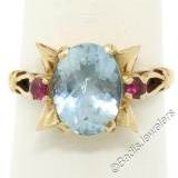 Retro 14kt Yellow Gold 2.18 ctw Aquamarine Solitaire and Synthetic Ruby Ring