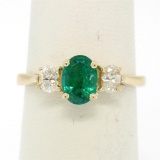 14k Solid Yellow Gold 1.03 ctw Three Stone Prong Set Oval Emerald & Diamonds Rin