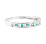 0.22 ctw Emerald and Diamond Straight-Line Double Milgrain Band - 10KT White Gol