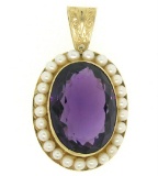 Vintage 14kt Yellow Gold Oval Amethyst and Pearl Halo Pendant