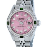 Rolex Ladies Stainless Steel Pink Diamond & Emerald Datejust Wristwatch