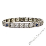 Art Deco Etched 14kt White Gold Diamond and Sapphire Filigree Line Bracelet