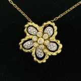18k Yellow and White Gold 1.22 ctw Diamond Cluster Flower Pendant Necklace