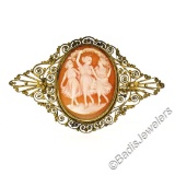 Victorian Gold Filled Detailed Open Work Filigree Carved Shell Cameo Brooch