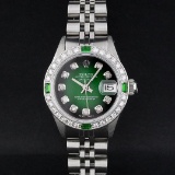 Rolex Ladies Stainless Steel 26MM Green Vignette Diamond Datejust Wriswatch