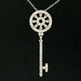 14K White Gold .45 ctw Round Brilliant Diamond Wheel Key Pendant & 16