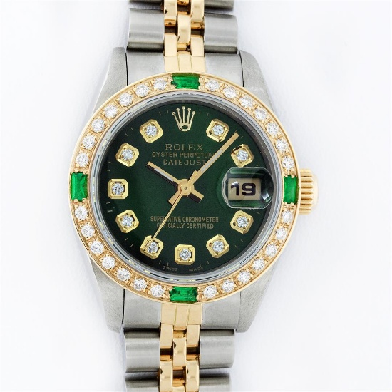 Rolex Ladies 2 Tone Green Diamond & Emerald Datejust Wristwatch