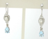 18K Solid White Gold Dangle Drop Earrings w/ an Oval Diamond & Pear Aquamarine