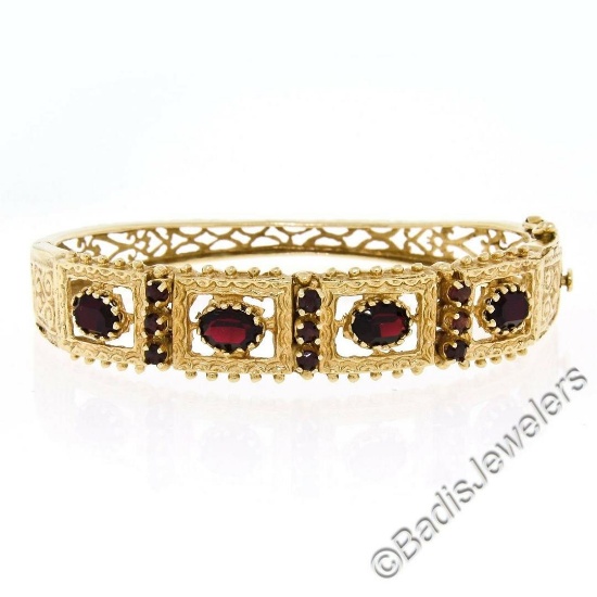 Vintage 14kt Yellow Gold 4.50 ctw Garnet Etched Open Wide Bangle Bracelet