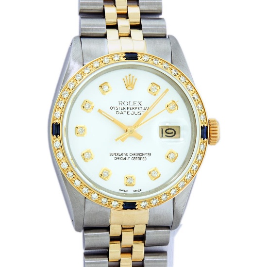 Rolex Mens 2 Tone 14K White Diamond & Sapphire Datejust Wriswatch
