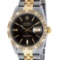 Rolex Mens 2 Tone 14K Black Index Pyramid Diamond Bezel Datejust Wristwatch