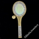 Vintage 18kt Yellow and White Gold Oval Opal and Diamond Tennis Racket Brooch or