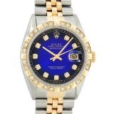 Rolex Mens 2 Tone 14K Blue Vignette Pyramid Diamond Datejust Wristwatch