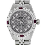 Rolex Ladies Stainless Steel Slate Grey Stamp Diamond & Ruby Datejust Wristwatch