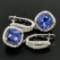 14k White Gold 4.15 ctw Cushion Tanzanite Dangle Earrings w/ Pave Diamond Halos